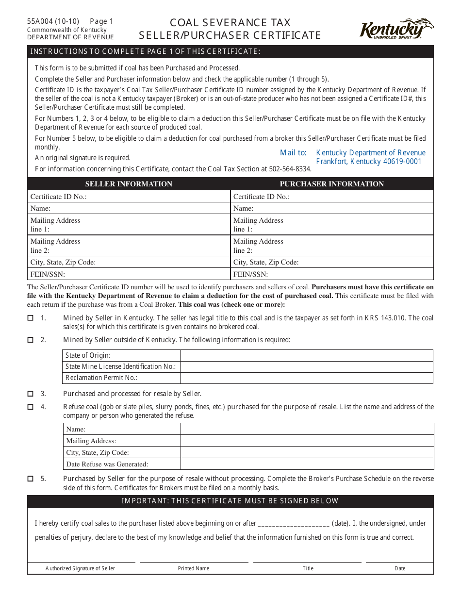 Form 55A004 Coal Severance Tax Seller / Purchaser Certificate - Kentucky, Page 1