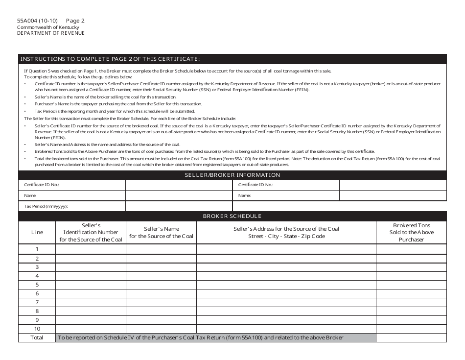 Form 55A004 Coal Severance Tax Seller / Purchaser Certificate - Kentucky, Page 2