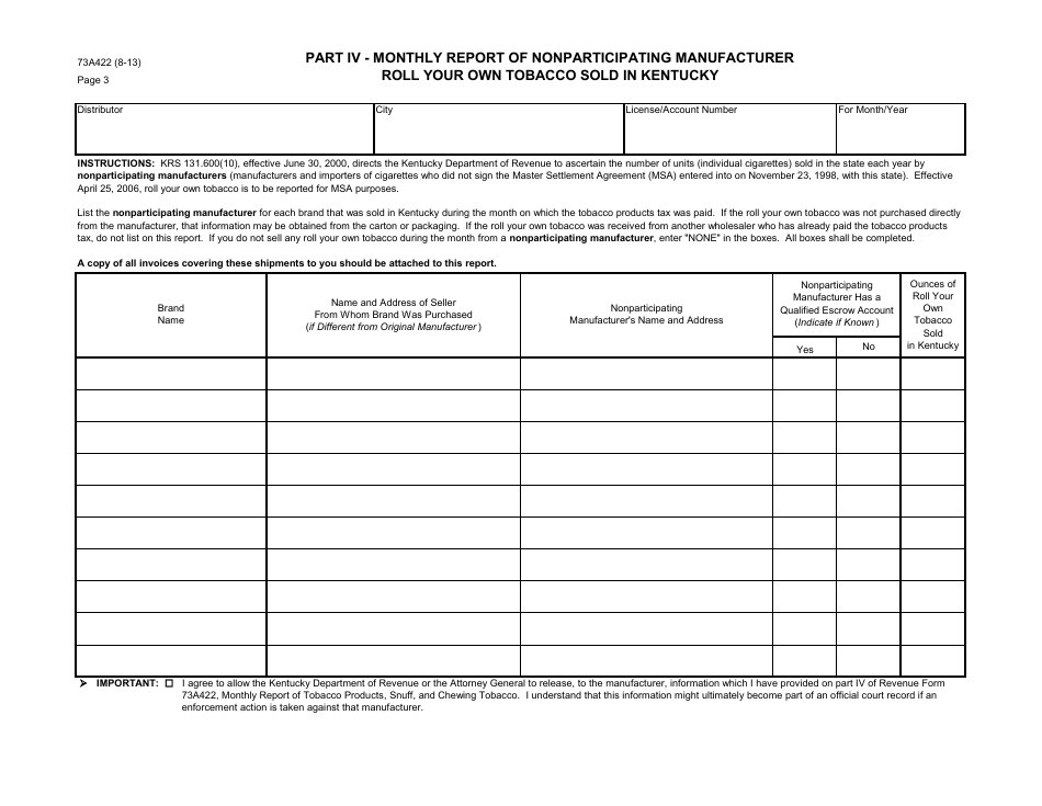 Form 73A422 Monthly Report of Tobacco Products, Snuff, and Chewing Tobacco - Kentucky, Page 3
