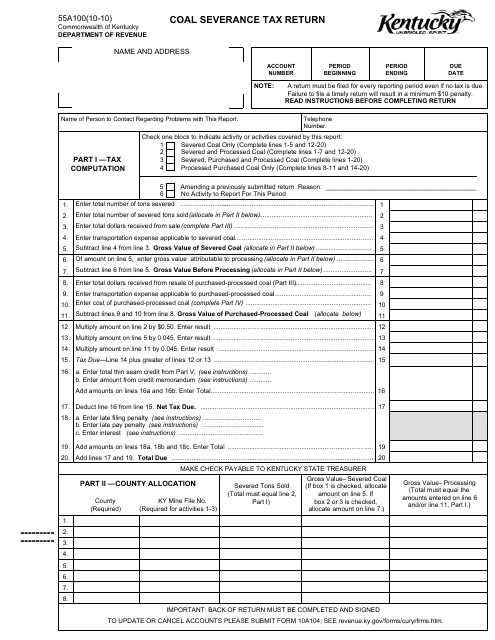 Form 55A100 Coal Severance Tax Return - Kentucky