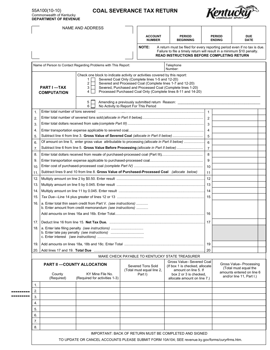 Form 55A100 Coal Severance Tax Return - Kentucky, Page 1