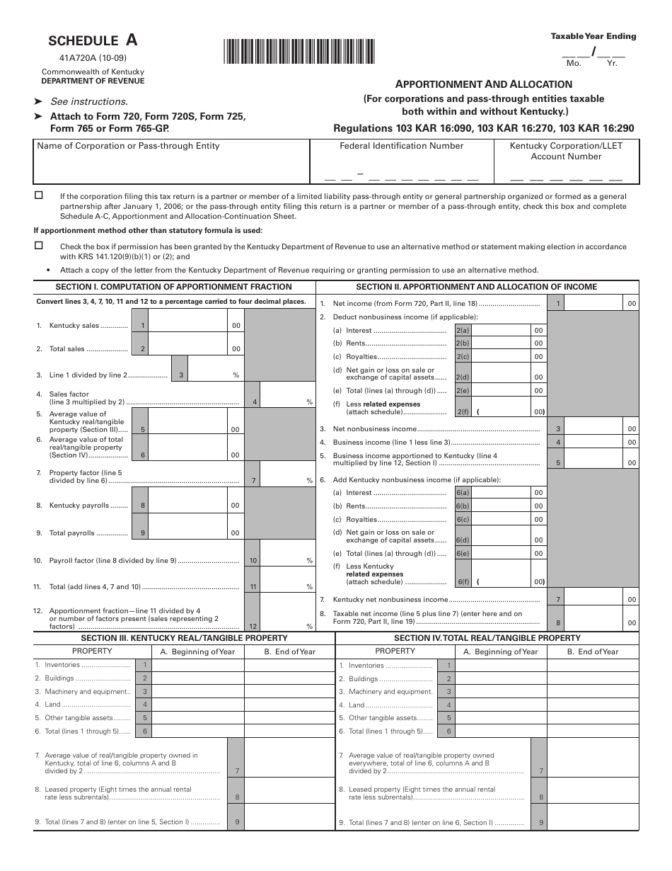 Form 41A720A Schedule A Apportionment and Allocation - Kentucky, Page 1