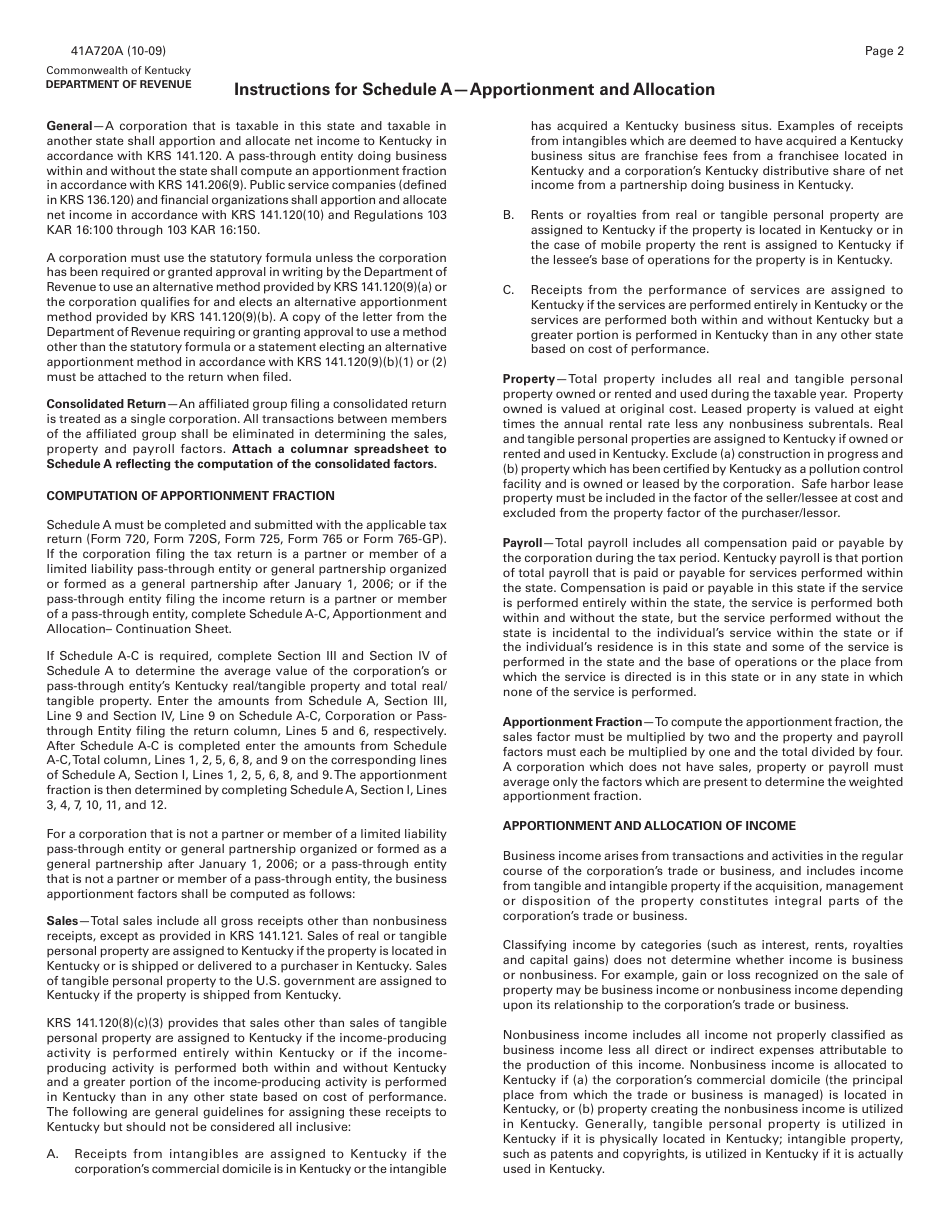 Form 41A720A Schedule A Apportionment and Allocation - Kentucky, Page 2