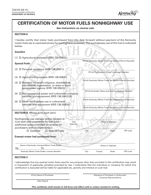 Form 72A110 Certification of Motor Fuels Nonhighway Use - Kentucky