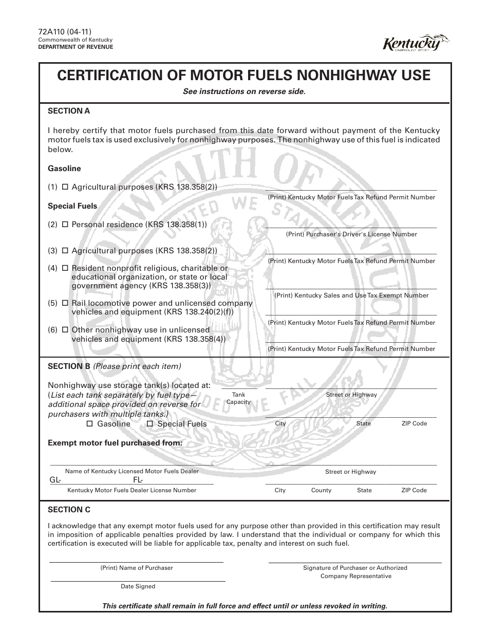 Form 72A110 Certification of Motor Fuels Nonhighway Use - Kentucky, Page 1