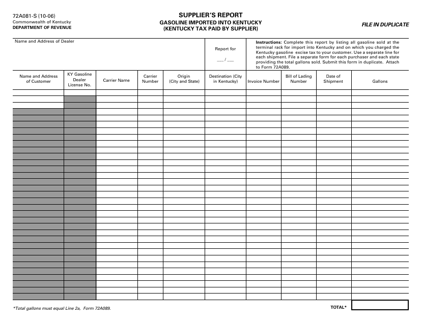 Form 72A081-S Supplier's Report - Gasoline Imported Into Kentucky (Kentucky Tax Paid by Supplier) - Kentucky