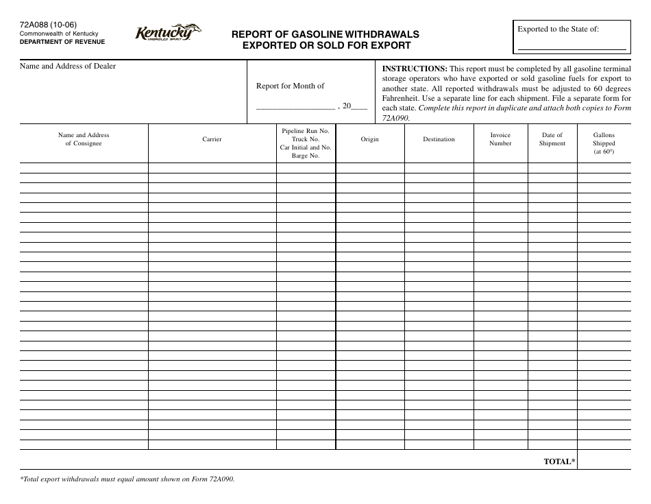 Form 72A088 Report of Gasoline Withdrawals Exported or Sold for Export - Kentucky, Page 1