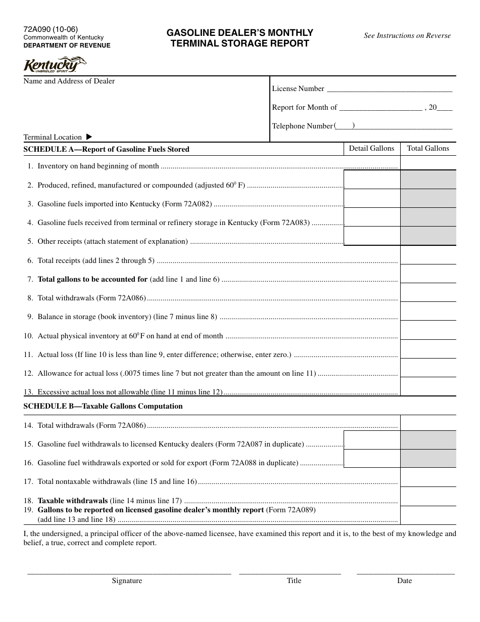 Form 72A090 Gasoline Dealers Monthly Terminal Storage Report - Kentucky, Page 1