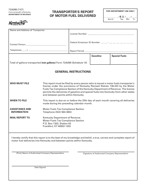 Form 72A098 Transporter's Report of Motor Fuel Delivered - Kentucky
