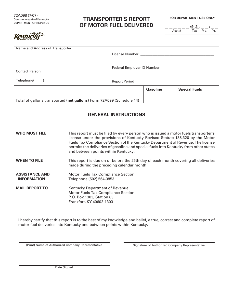 Form 72A098 Transporters Report of Motor Fuel Delivered - Kentucky, Page 1