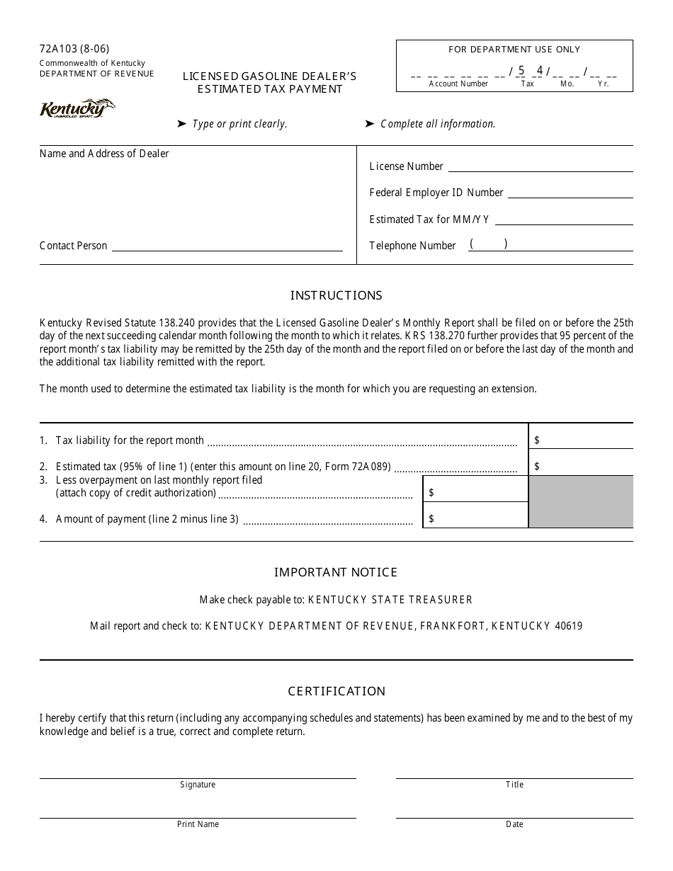Form 72A103 Licensed Gasoline Dealers Estimated Tax Payment - Kentucky, Page 1