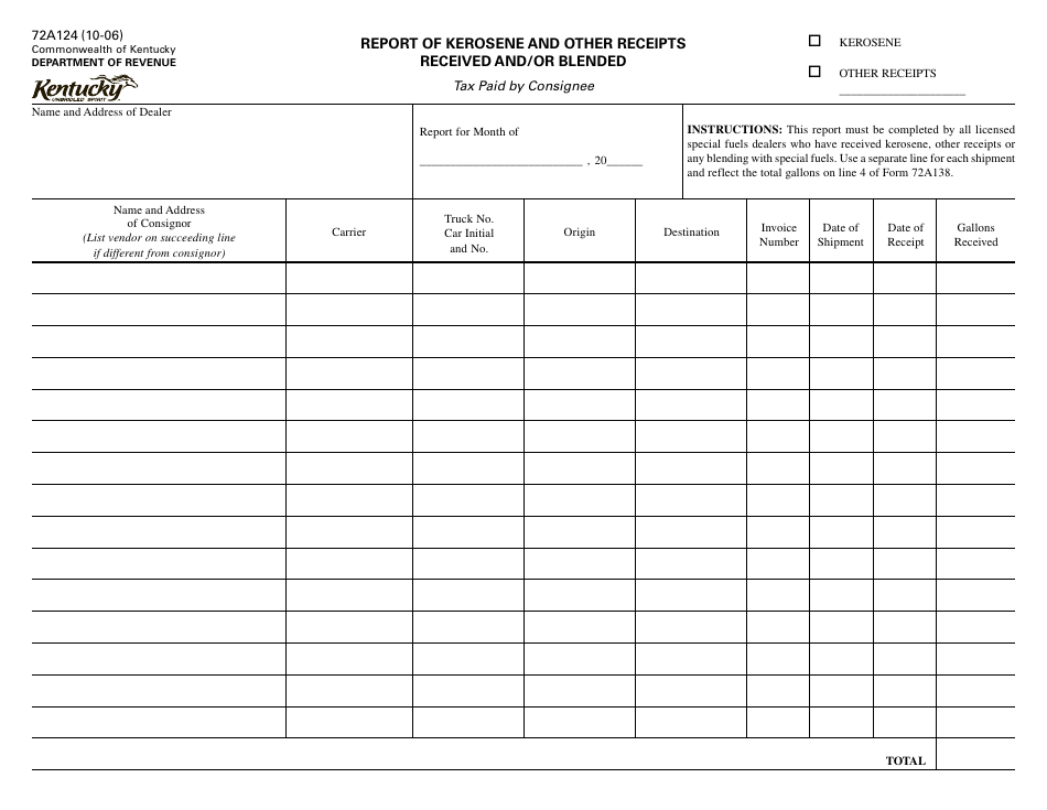 Form 72A124 Report of Kerosene and Other Receipts Received and / or Blended - Kentucky, Page 1