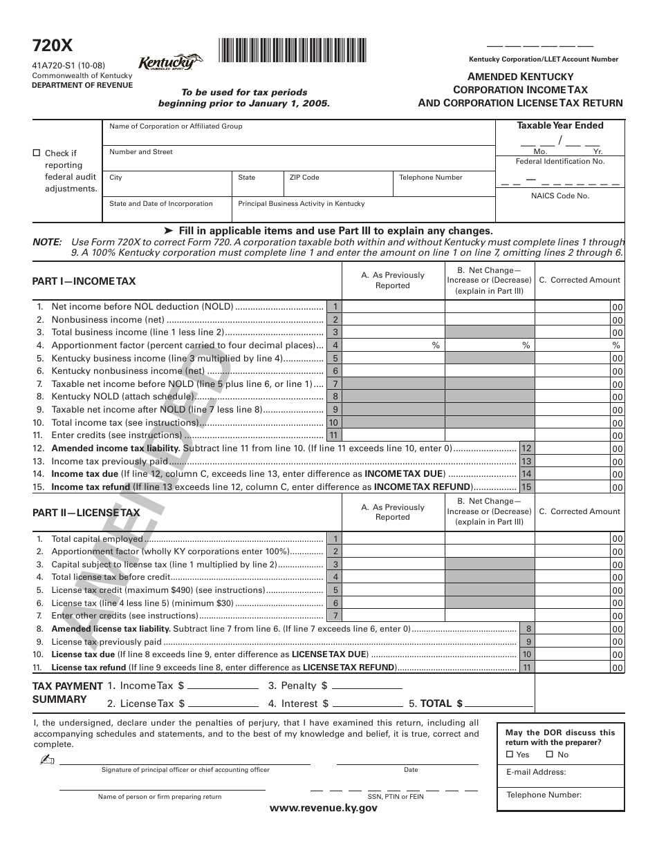 Form 720X (41A720-S1) - Fill Out, Sign Online and Download Printable ...