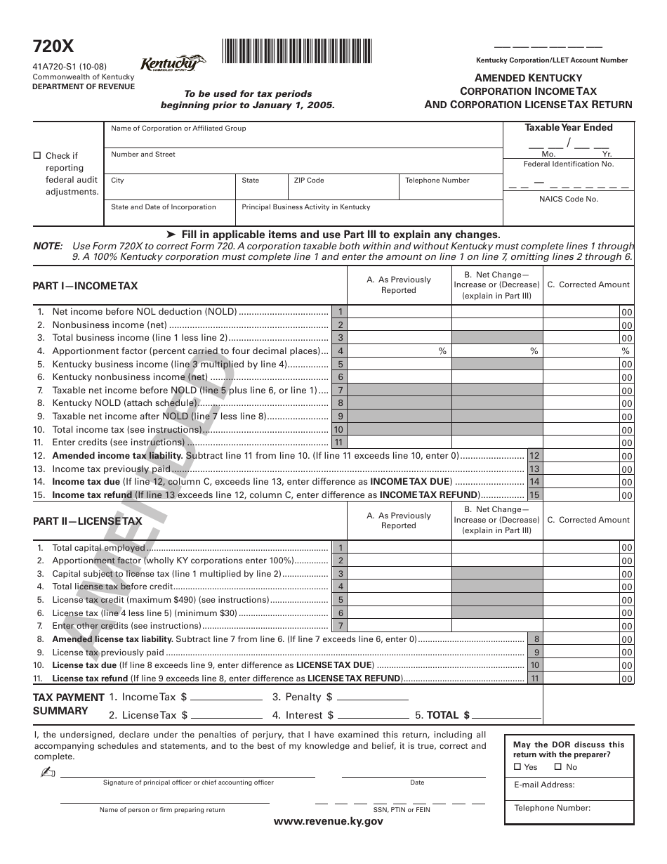 Form 720X (41A720-S1) Amended Kentucky Corporation Income Tax and Corporation License Tax Return - Kentucky, Page 1