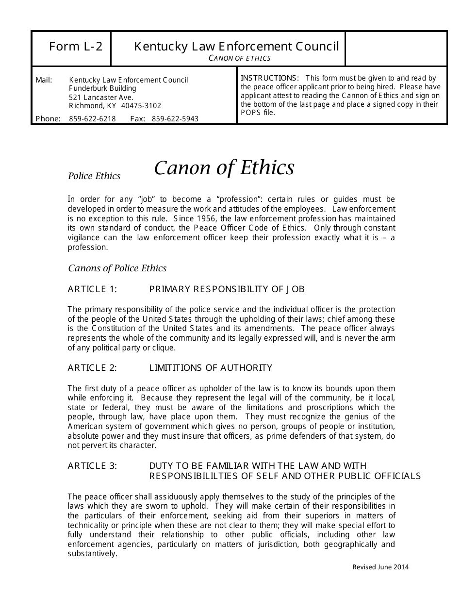 Form L-2 Canon of Ethics - Kentucky, Page 1
