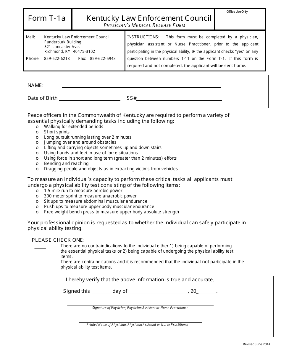 Form T-1A Physicians Medical Release Form - Kentucky, Page 1