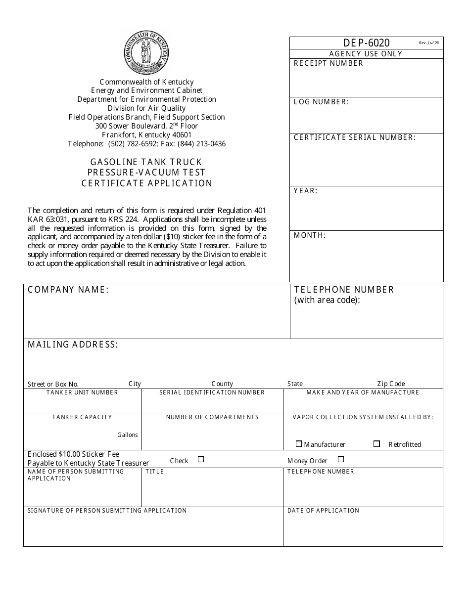 Form DEP6020 Gasoline Tank Truck Pressure-Vacuum Test Certificate Application - Kentucky, Page 1
