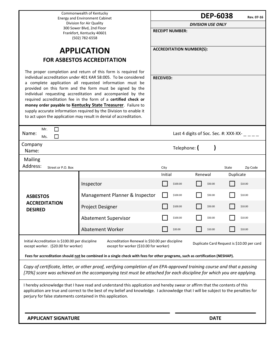 Form DEP-6038 Application for Asbestos Accreditation - Kentucky, Page 1