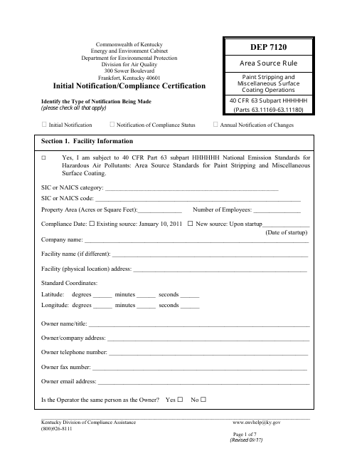 Form DEP7120 Initial Notification/Compliance Certification - Kentucky