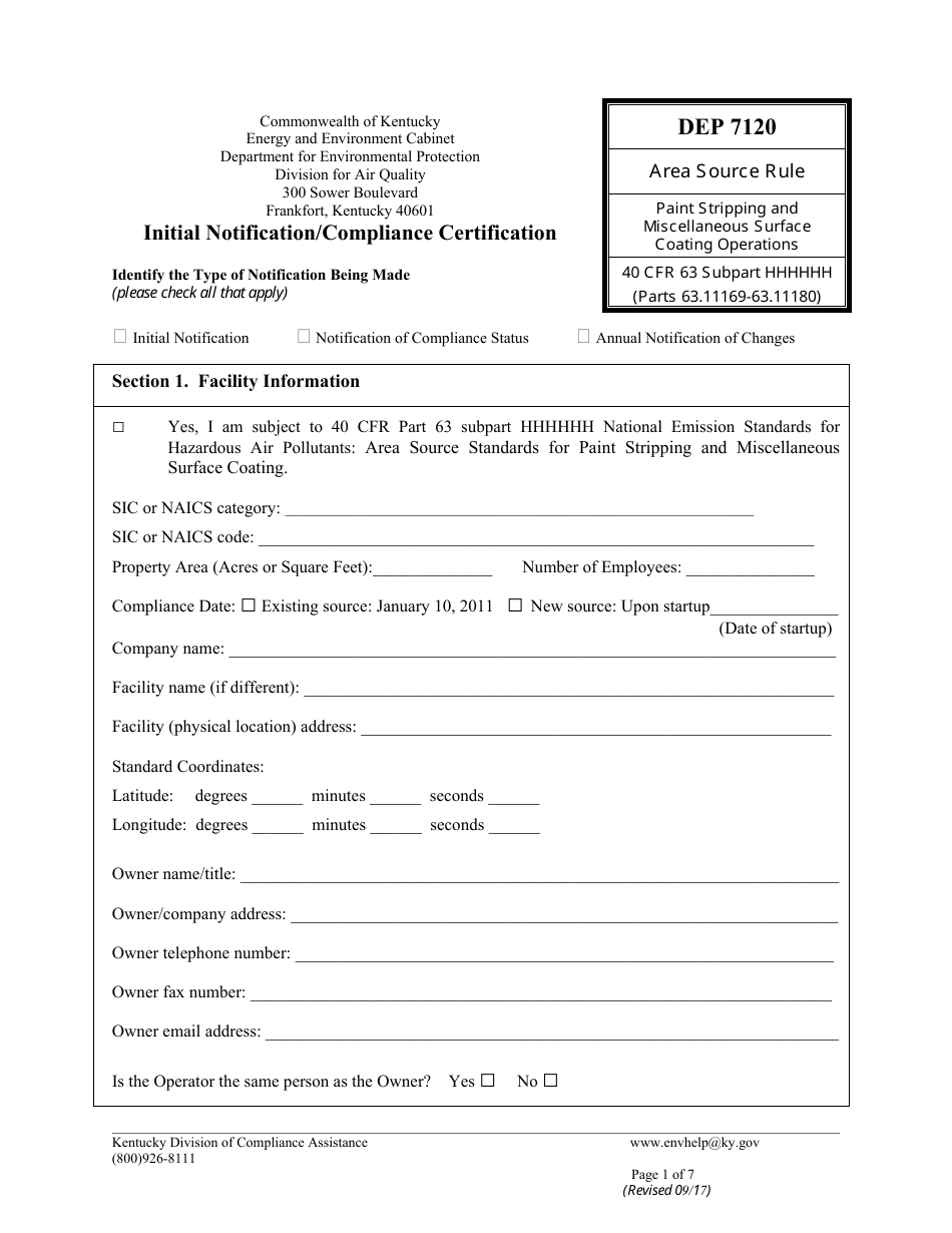 Form DEP7120 Initial Notification / Compliance Certification - Kentucky, Page 1