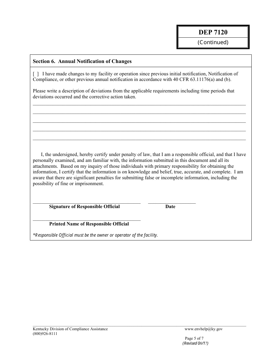 Form DEP7120 Initial Notification / Compliance Certification - Kentucky, Page 5