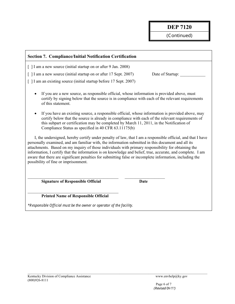 Form DEP7120 Initial Notification / Compliance Certification - Kentucky, Page 6