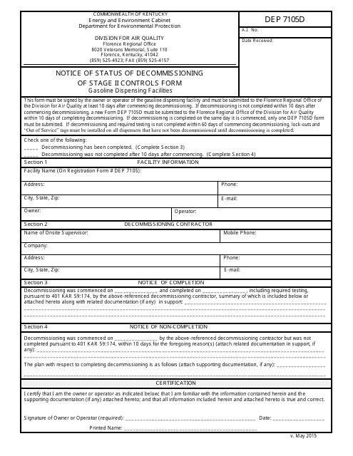 Form DEP7105D Notice of Status of Decommissioning of Stage II Controls Form for Gasoline Dispensing Facilities - Kentucky