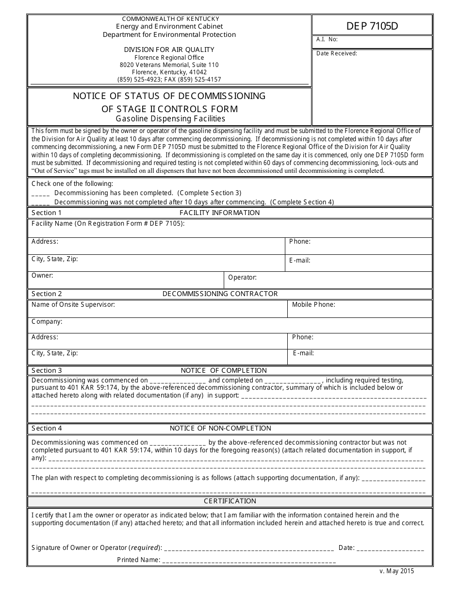 Form DEP7105D Notice of Status of Decommissioning of Stage II Controls Form for Gasoline Dispensing Facilities - Kentucky, Page 1