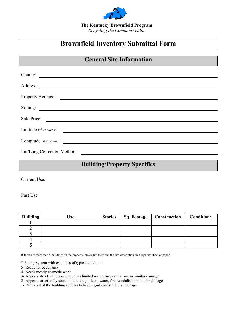 Brownfield Inventory Submittal Form - Kentucky, Page 1