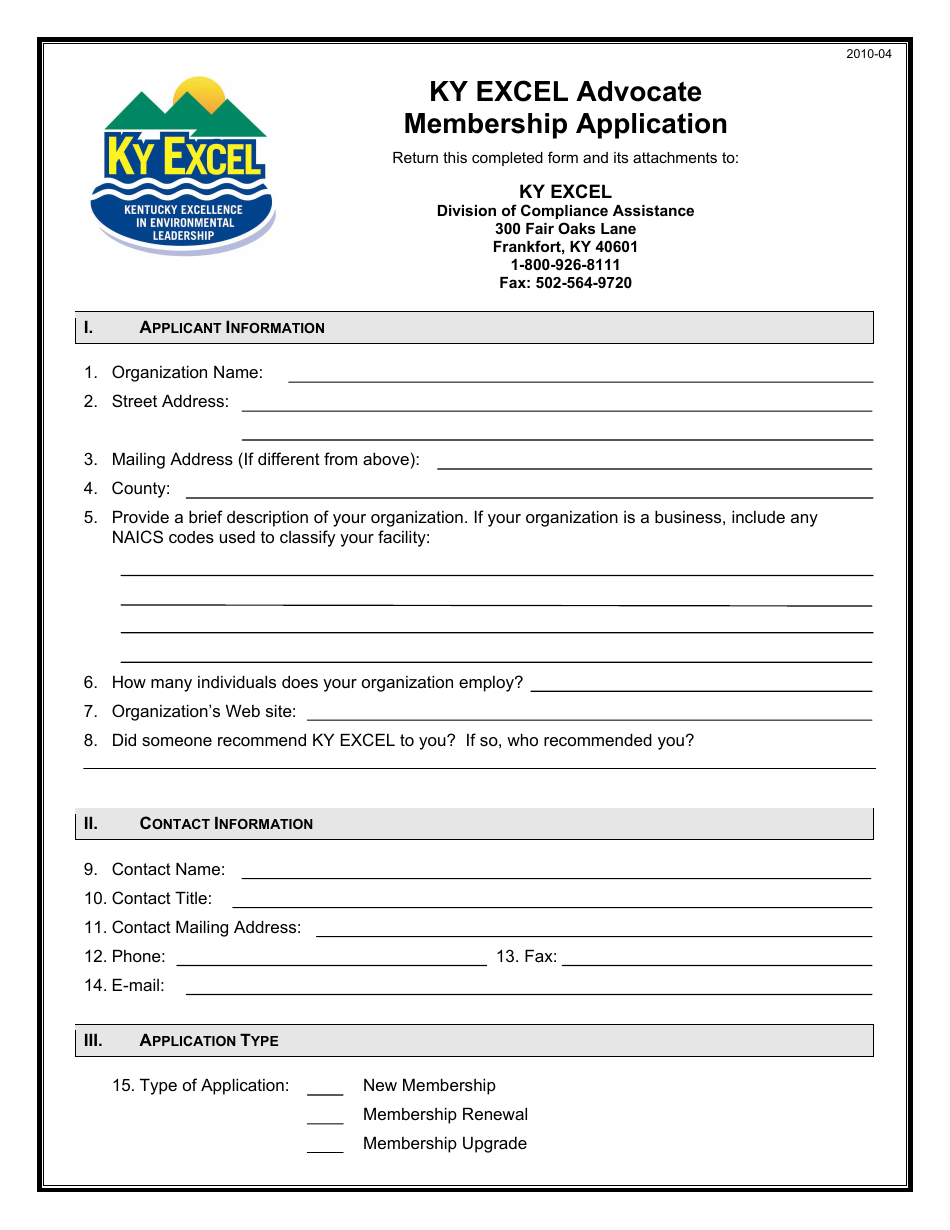 Kentucky Ky Excel Advocate Membership Application Fill Out, Sign