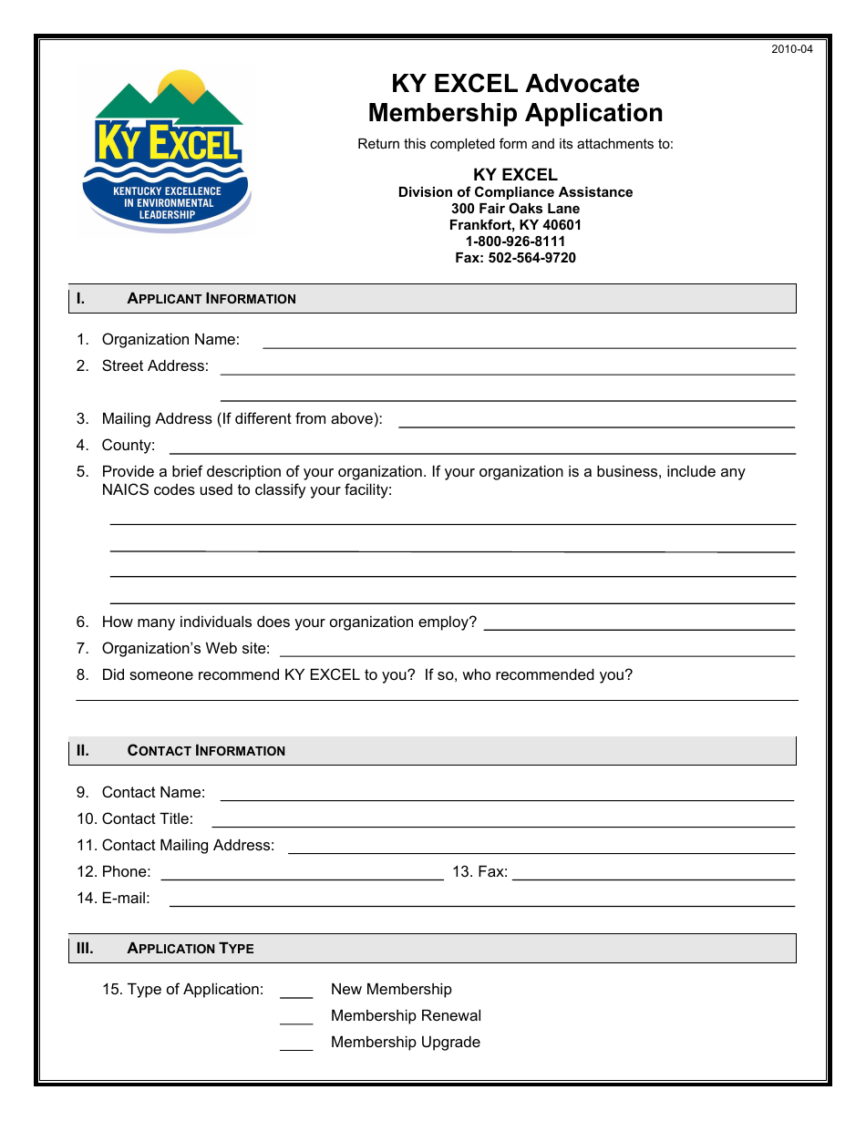 Ky Excel Advocate Membership Application - Kentucky, Page 1