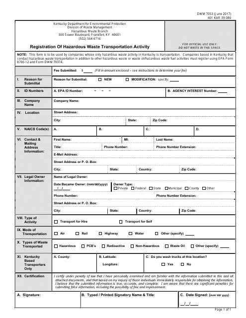Form DWM7053 Registration of Hazardous Waste Transportation Activity - Kentucky