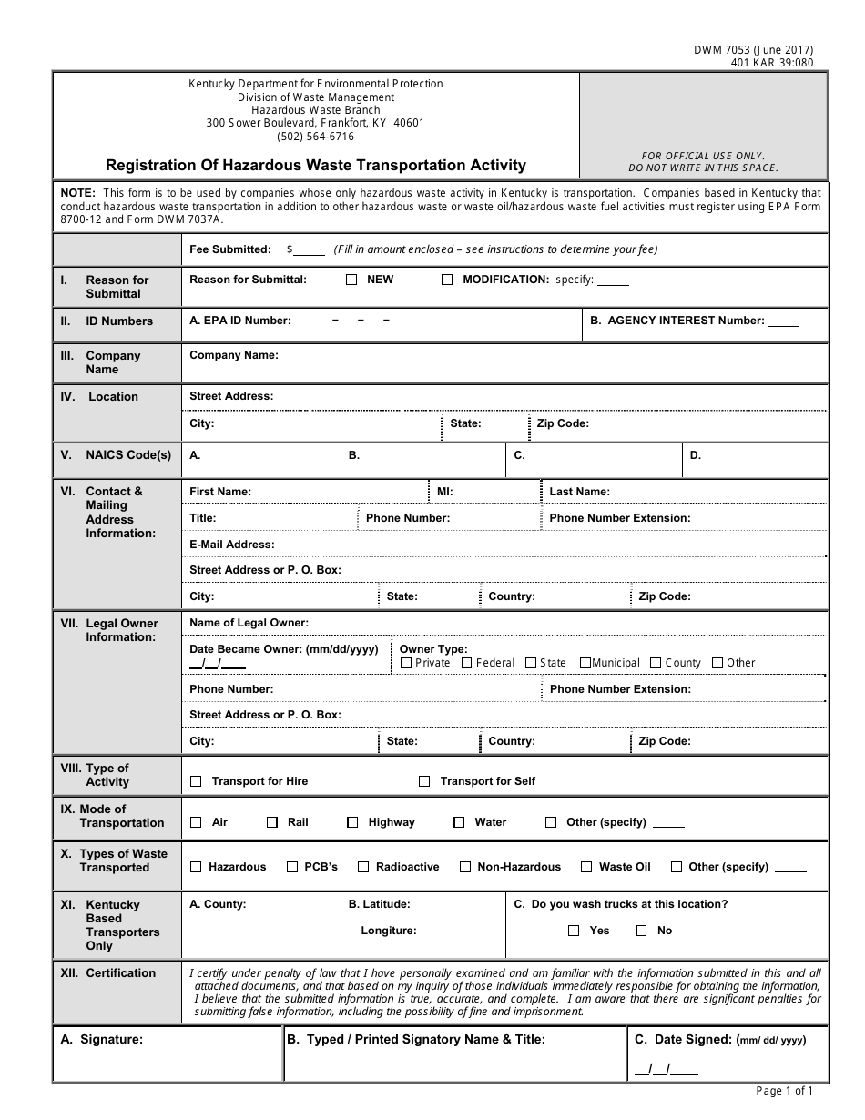 Form DWM7053 Registration of Hazardous Waste Transportation Activity - Kentucky, Page 1