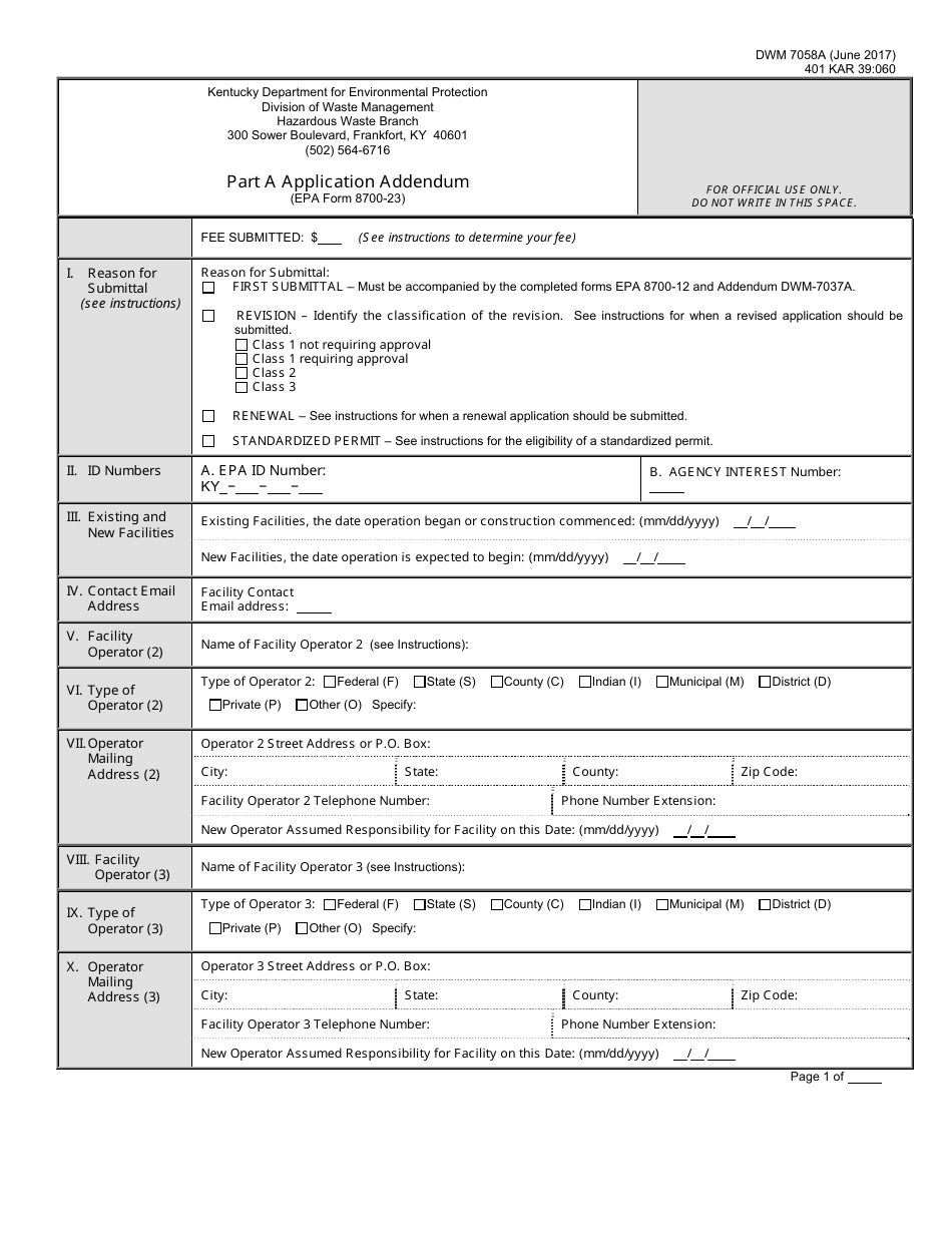 Form DWM7058A Part A Application Addendum - Kentucky, Page 1