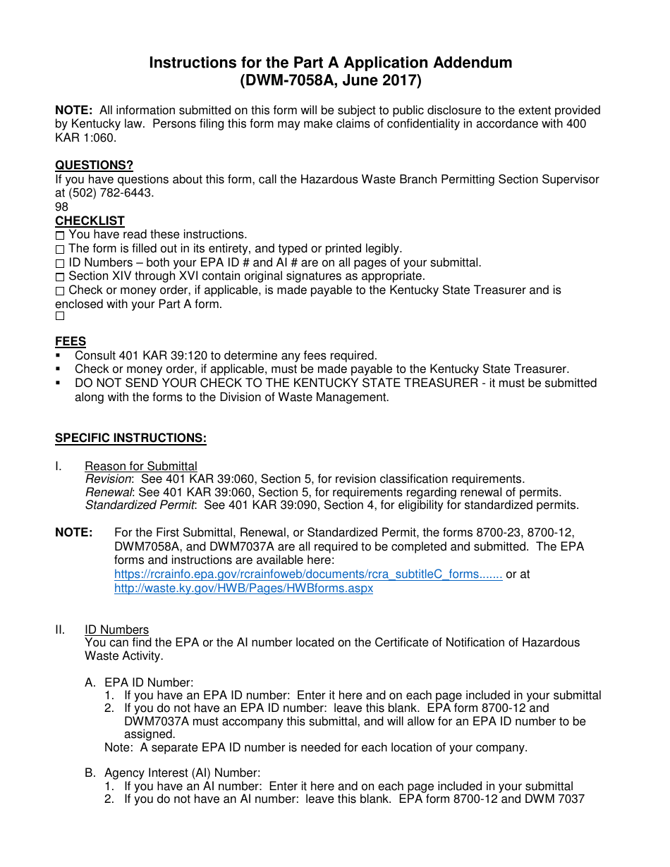 Instructions for Form DWM7058A Part A Application Addendum - Kentucky, Page 1