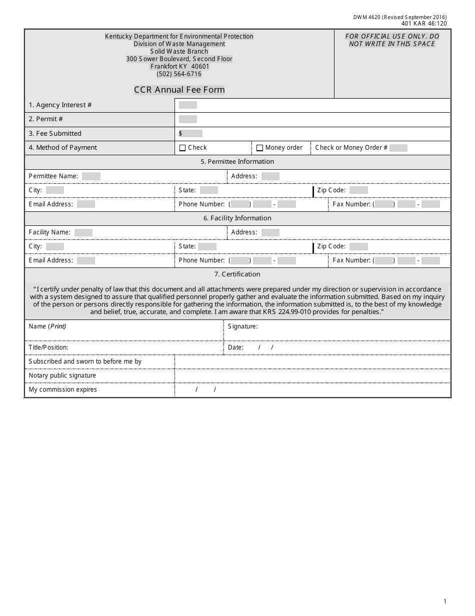 Form DWM4620 Ccr Annual Fee Form - Kentucky, Page 1