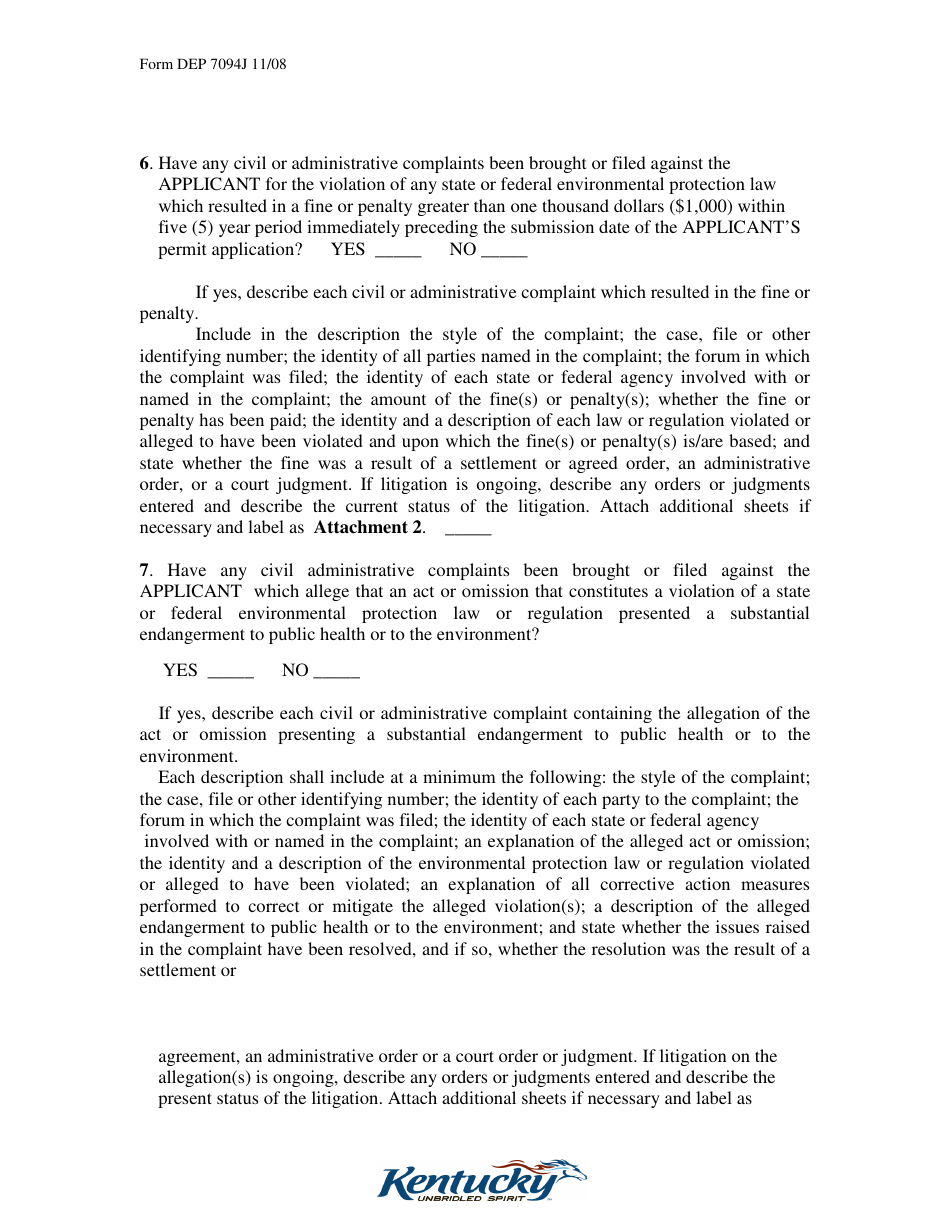 Form DEP7094J Applicant Disclosure Statement for a Special Waste Facility - Kentucky, Page 4