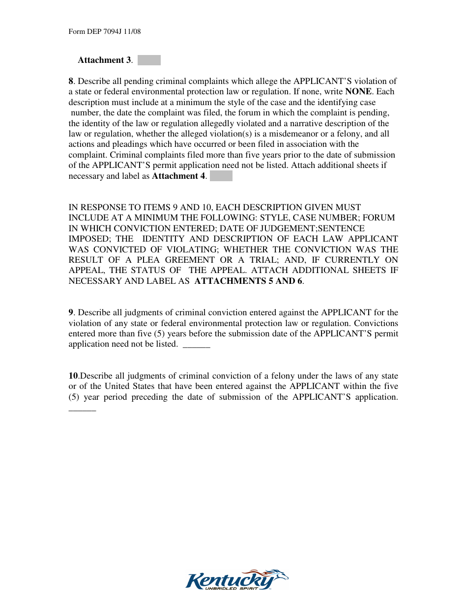 Form DEP7094J Applicant Disclosure Statement for a Special Waste Facility - Kentucky, Page 5