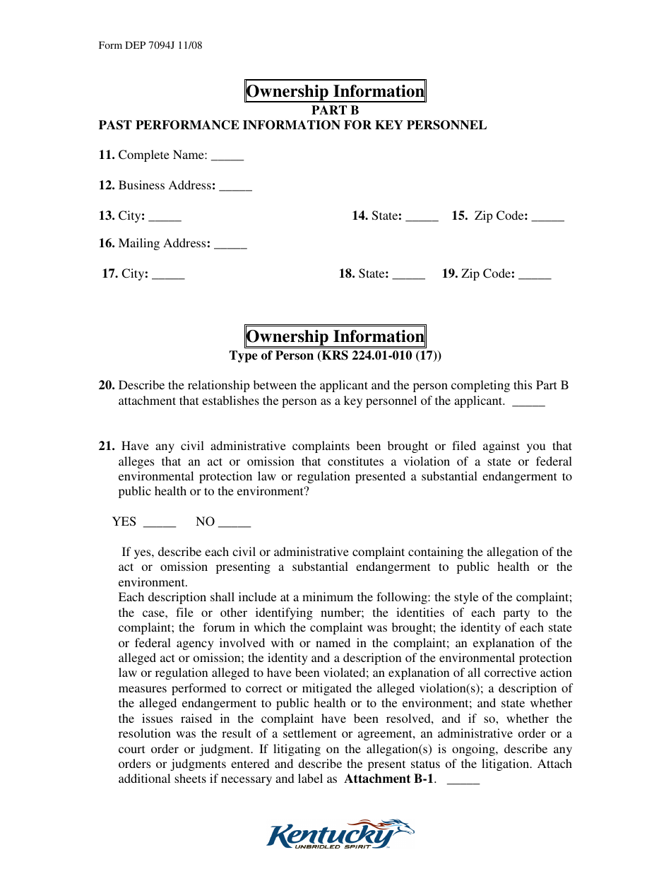 Form DEP7094J Applicant Disclosure Statement for a Special Waste Facility - Kentucky, Page 7