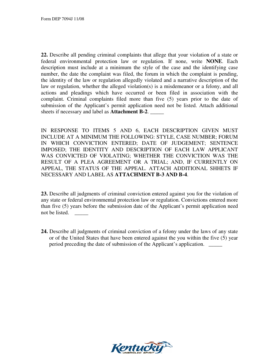 Form DEP7094J Applicant Disclosure Statement for a Special Waste Facility - Kentucky, Page 8