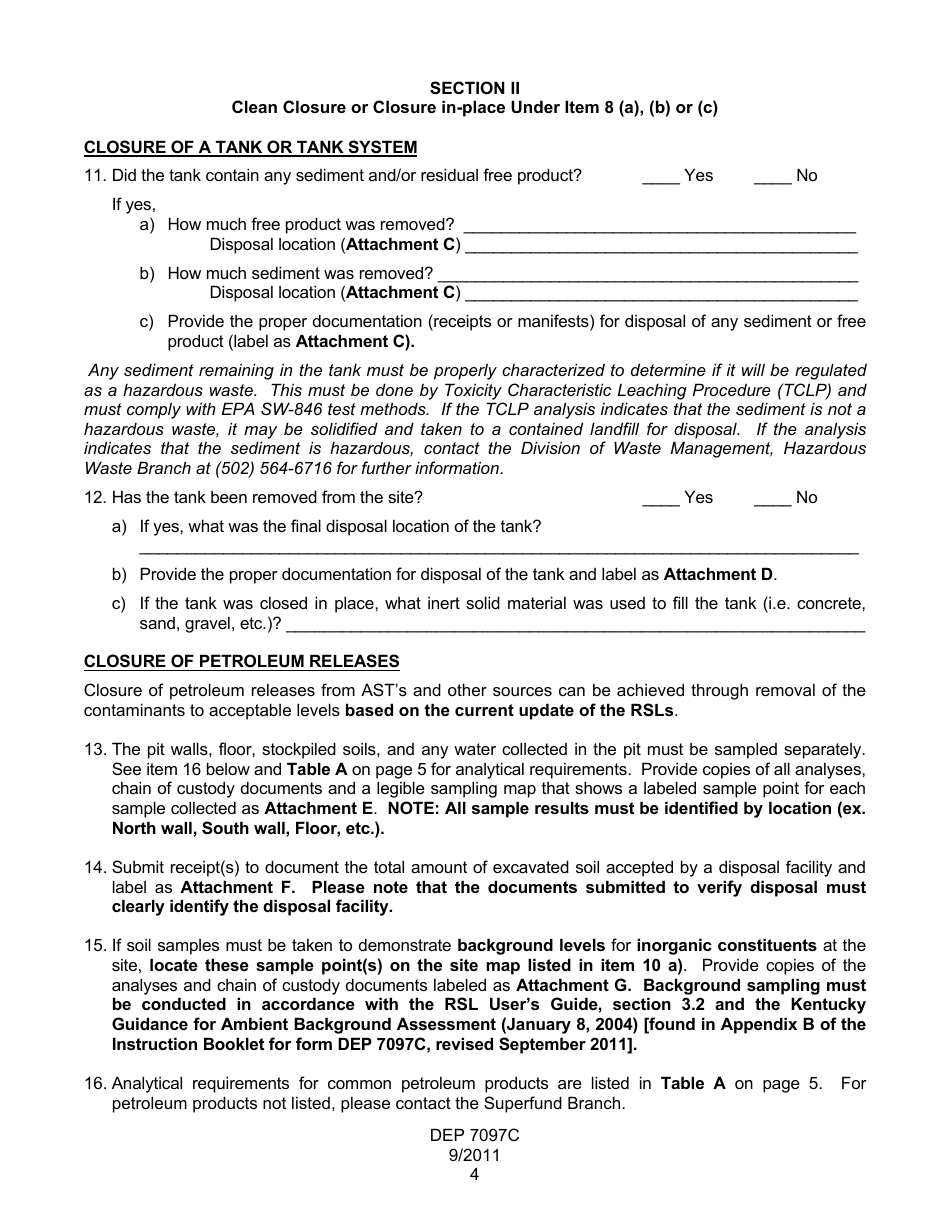 Form DEP7097C Closure Report for Petroleum Releases and Exempt Petroleum Tank Systems - Kentucky, Page 5