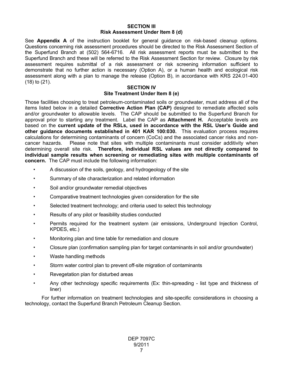 Form DEP7097C Closure Report for Petroleum Releases and Exempt Petroleum Tank Systems - Kentucky, Page 8