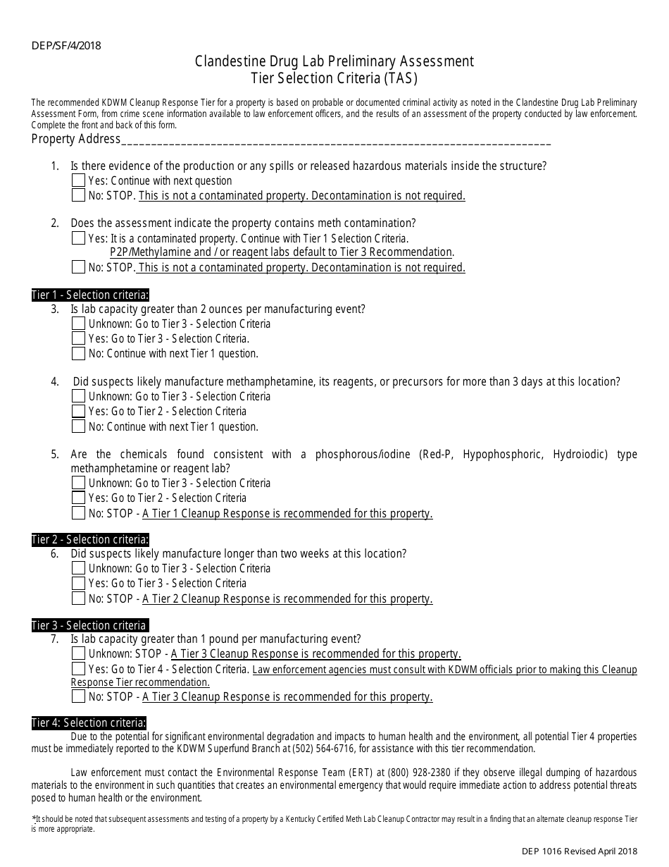 Form DEP1016 Clandestine Drug Lab Preliminary Assessment Form - Kentucky, Page 1