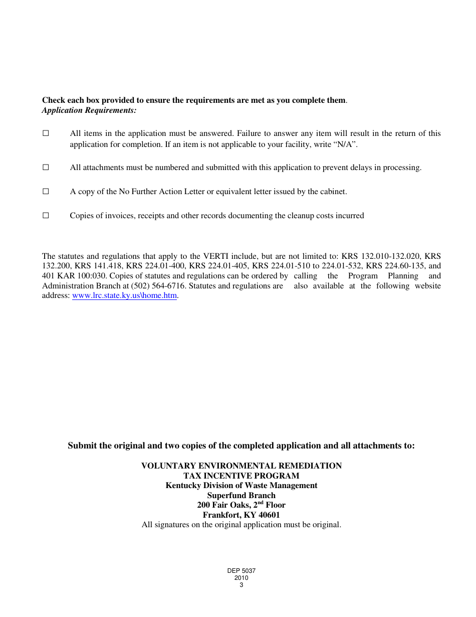 Form DEP5037 Application for Voluntary Environmental Remediation Tax Incentive - Kentucky, Page 3