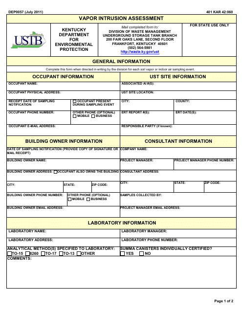 Form DEP0057 Vapor Intrusion Assessment - Kentucky