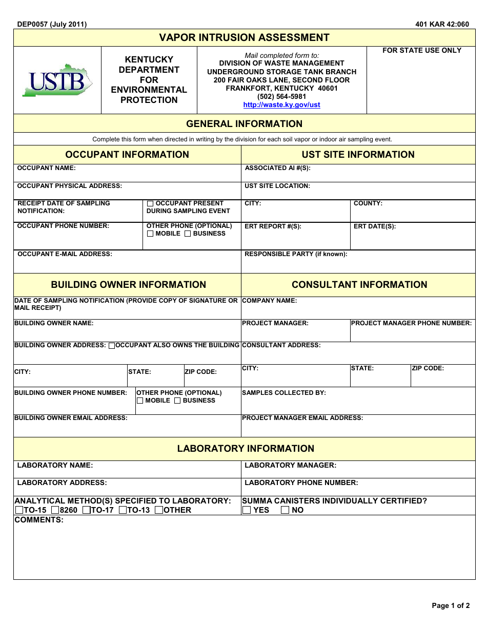 Form DEP0057 Vapor Intrusion Assessment - Kentucky, Page 1
