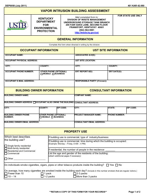 Form DEP0058 Vapor Intrusion Building Assessment - Kentucky