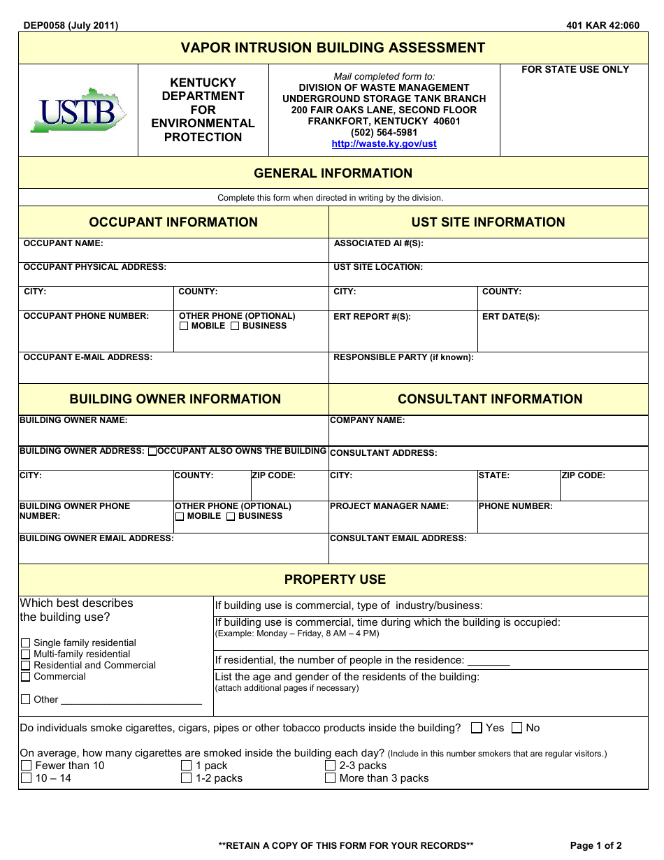 Form DEP0058 Vapor Intrusion Building Assessment - Kentucky, Page 1