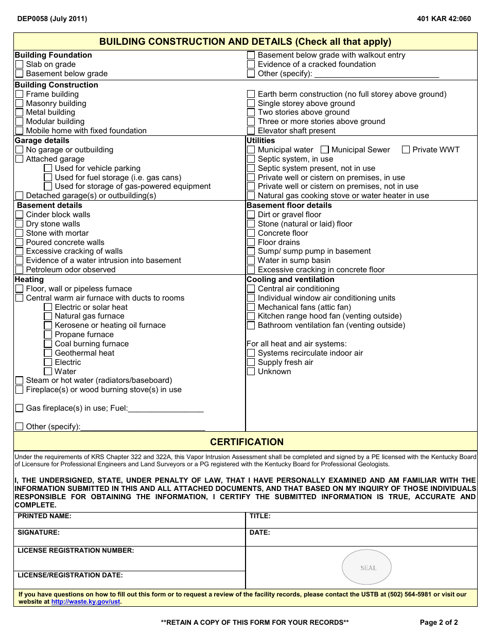 Form DEP0058 Vapor Intrusion Building Assessment - Kentucky, Page 2