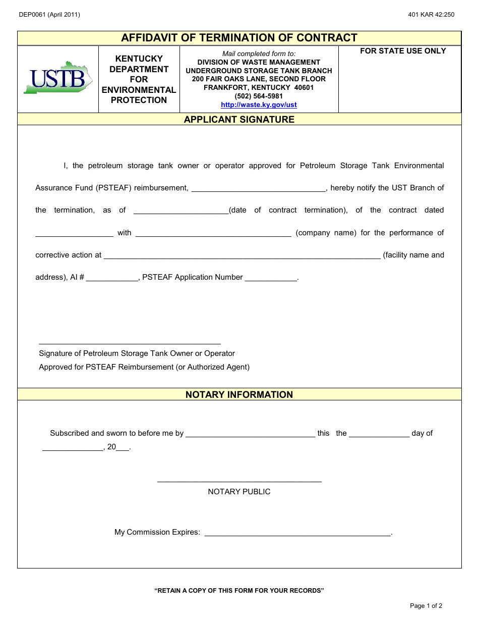 Form DEP0061 Affidavit of Termination of Contract - Kentucky, Page 1